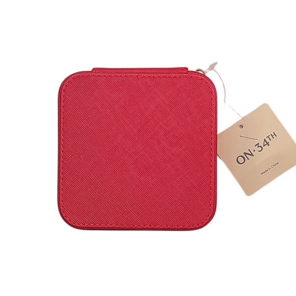 ON 34TH Red Saffiano Faux Leather Jewelry Travel Organizer Case Zippered Pouch‎